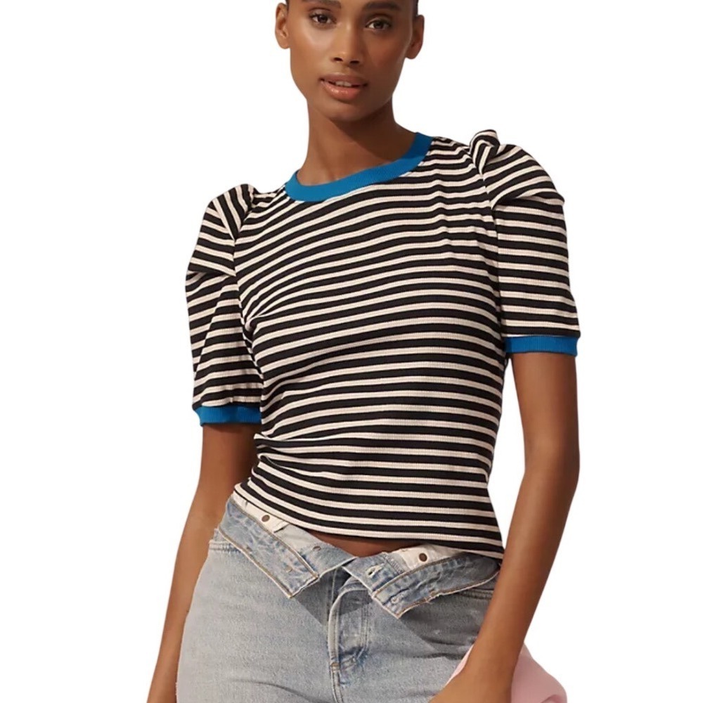 Maeve Striped Puff Sleeve Top Womens XL Black White Blue Excellent Ribbed Tee